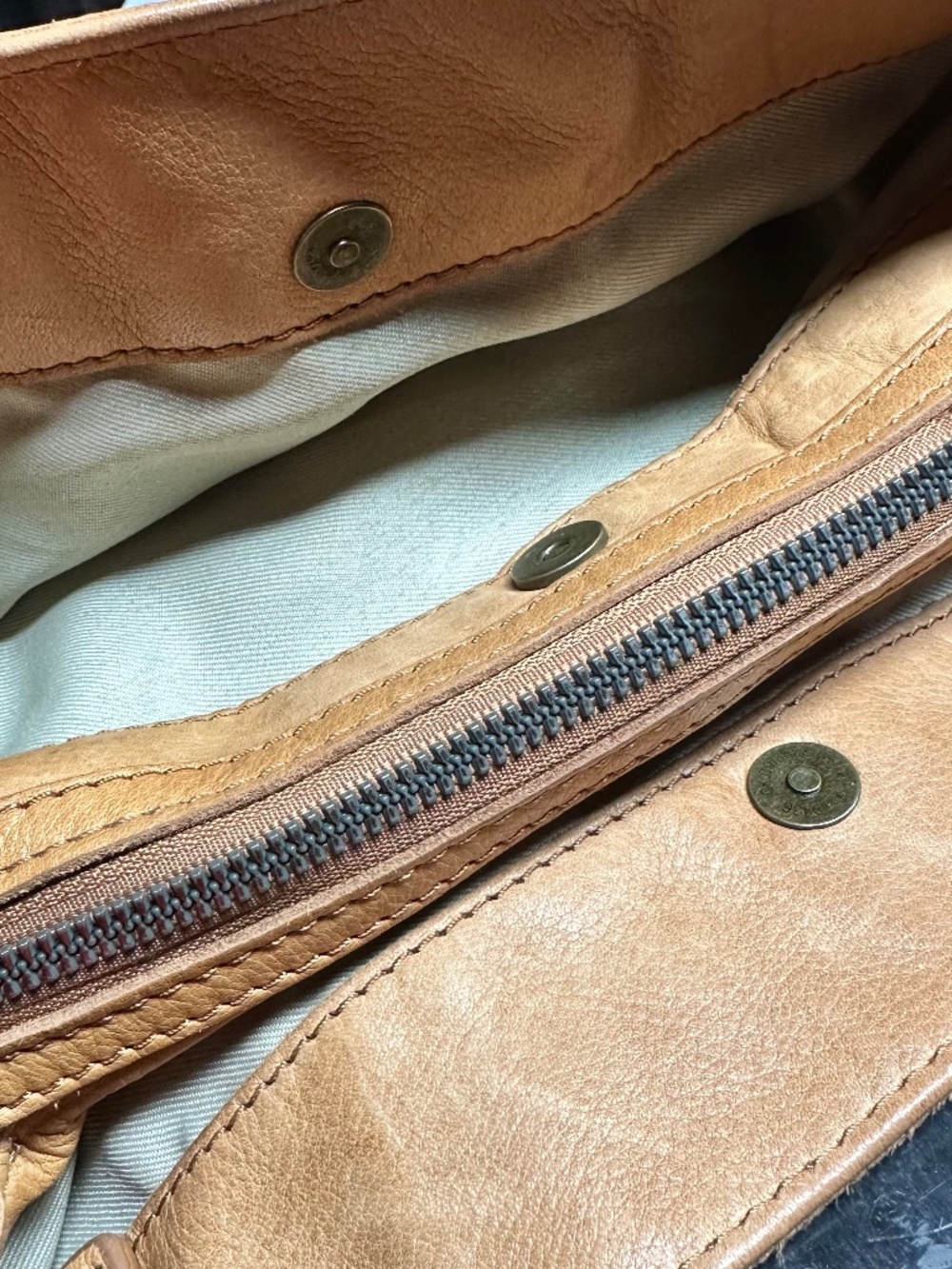 American Leather Co Lenox Tan Triple Entry Pebbled Leather Satchel Hobo Bag - Picture 13 of 13